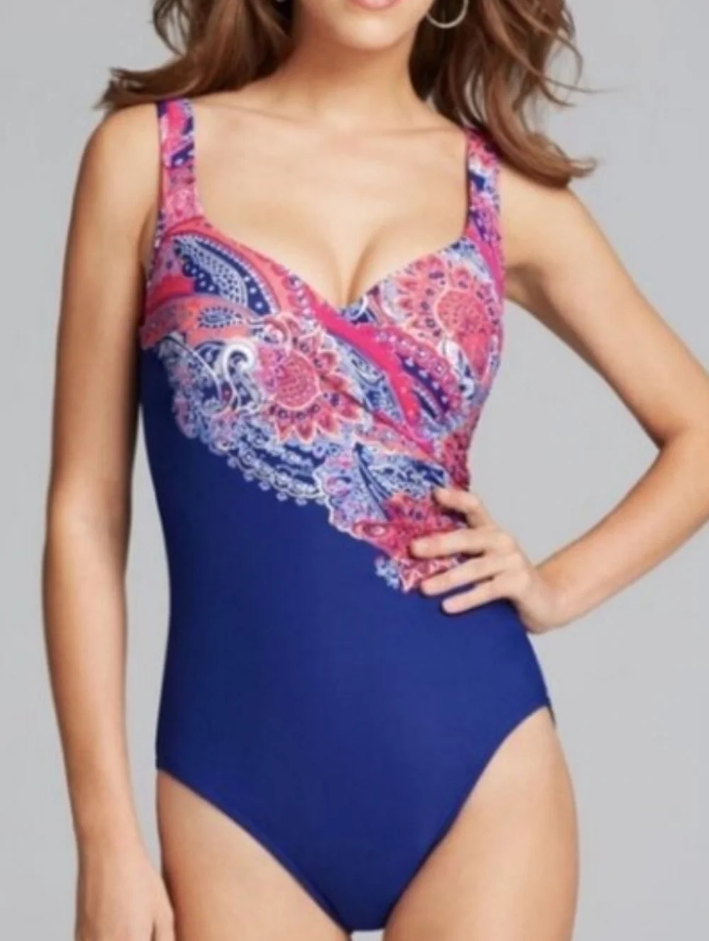 Miraclesuit Amici Paisley One Piece Swimsuit Tummy Control Navy Pink Size 10